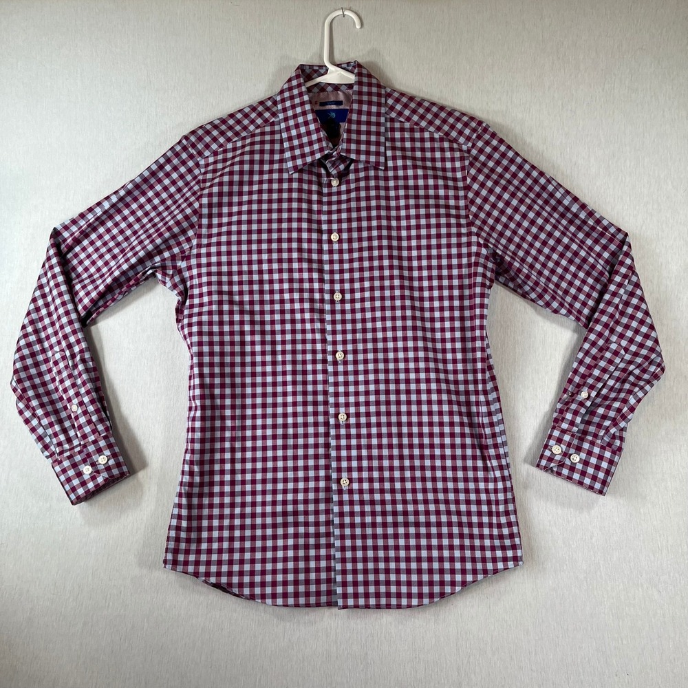 Egara Shirt Mens M Slim Fit Non-Iron Gingham Button Down Burgundy Blue Stretch
